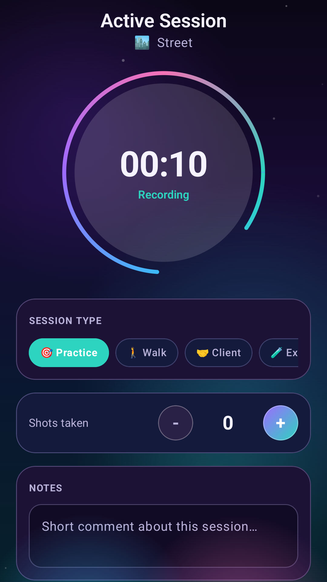Photo Track Pro active session screen