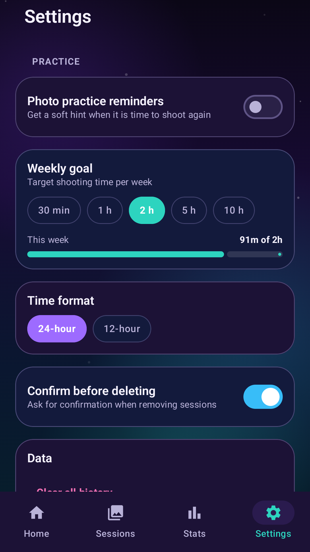 Photo Track Pro settings screen